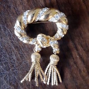 Signed KJL Love Knot Pin Gold Plated  and Crystal
